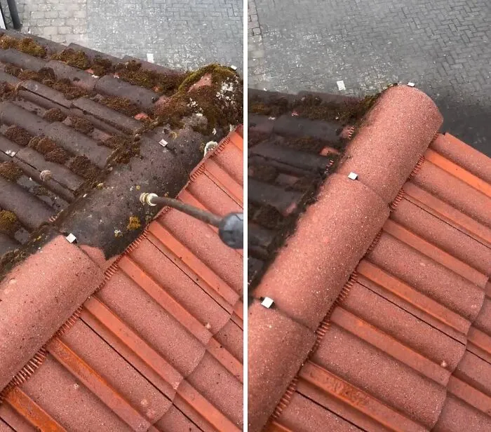 A close-up before and after view of a tiled roof being cleaned with power washing, removing moss and grime.