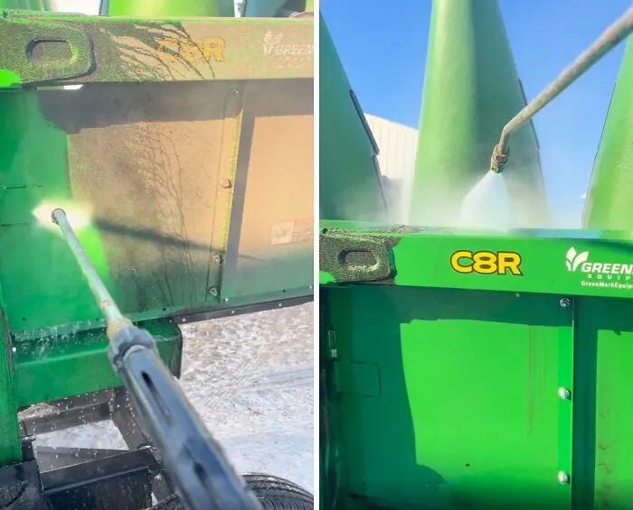A green agricultural machine before and after being cleaned with power washing, showing satisfying cleaning results.