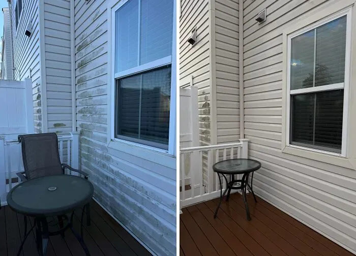 Power washing revitalizes dirty house siding and a deck area, making them look new.