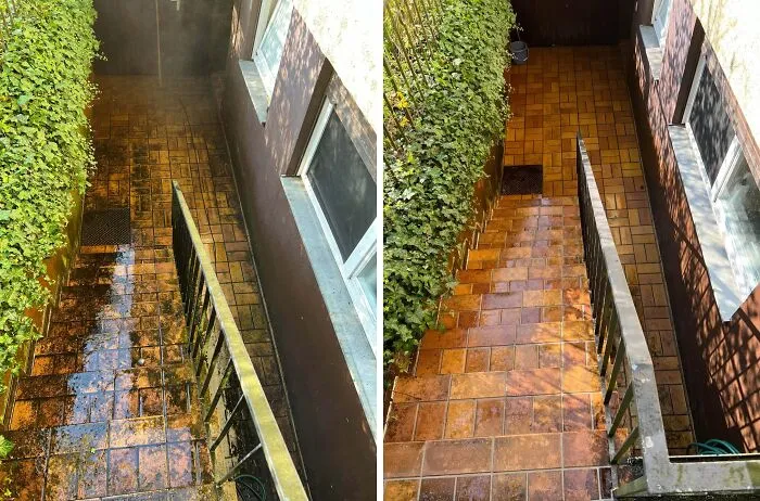 Before and after images of power washing a tiled outdoor staircase, transforming it from grimy to clean.