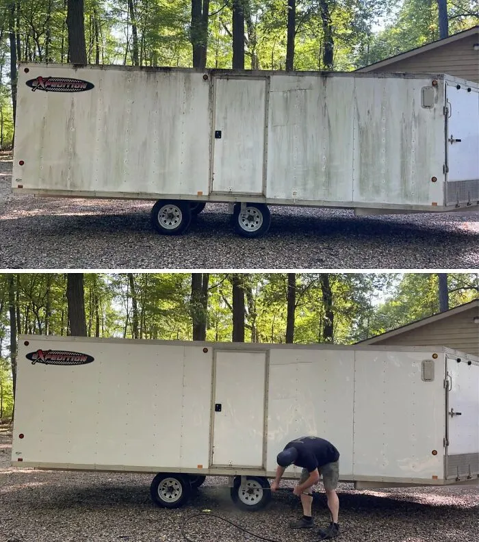 Satisfying power washing of a large white trailer, before and after cleaning, revealing a clean surface.