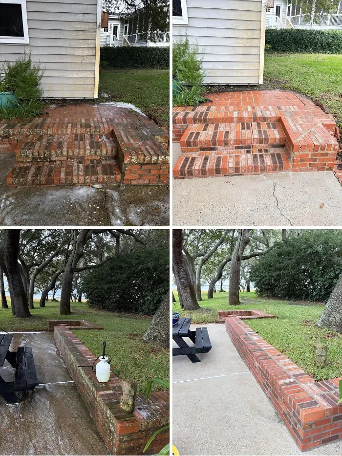 Satisfying power washing of brick stairs and retaining wall, before and after cleaning.