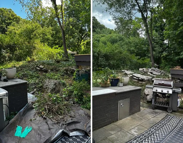 Before and after images of an outdoor patio area, demonstrating the satisfying results of power washing and cleaning.