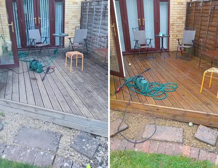 Before and after power washing a wooden deck with outdoor furniture, revealing a cleaner, richer wood color.