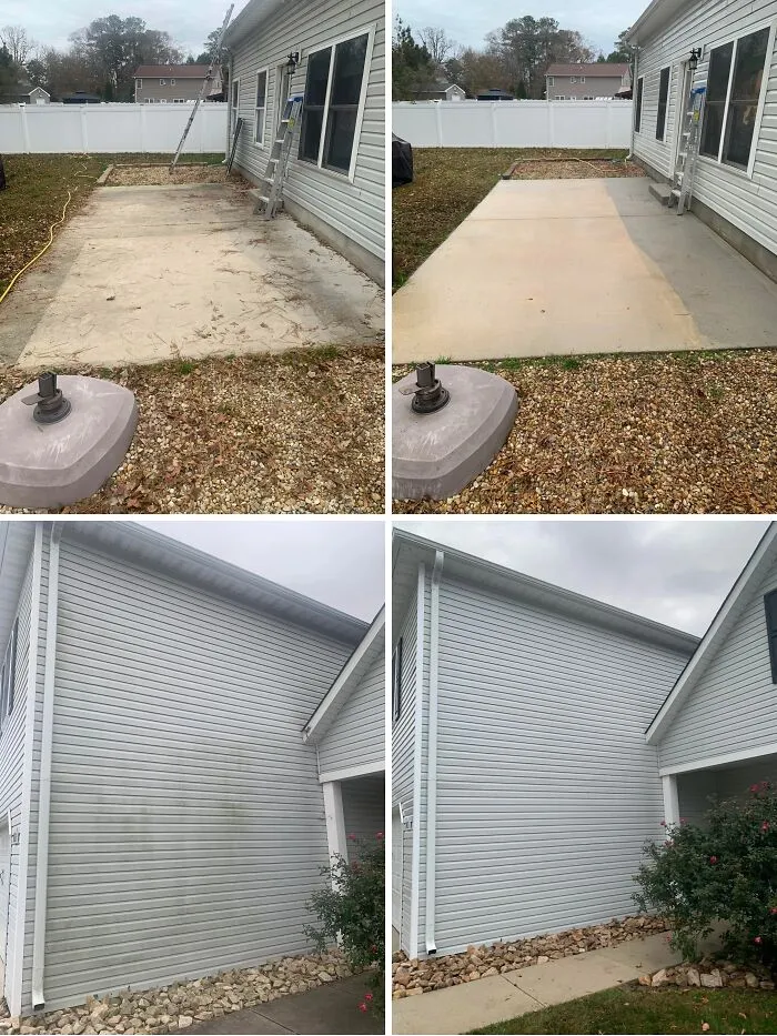 Power washing exterior surfaces, including a patio and house siding, showcasing dramatic before-and-after cleaning.