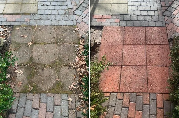 A before and after image showing a dirty patio pathway transformed by power washing, making cleaning look fun.