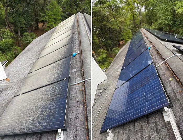 Solar panels on a roof before and after power washing, highlighting the satisfying transformation and effective cleaning.
