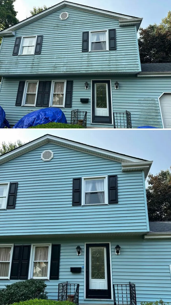 Before and after power washing a light blue house exterior, showing significant cleaning of the siding.