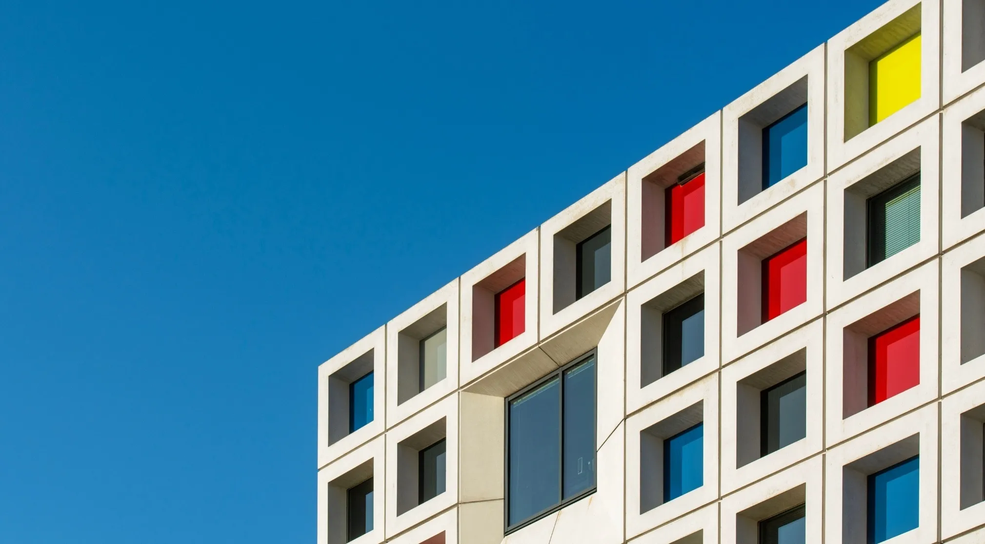 Modern building with square windows, some featuring red, blue, or yellow glass, against a clear blue sky. Elementary school true or false?