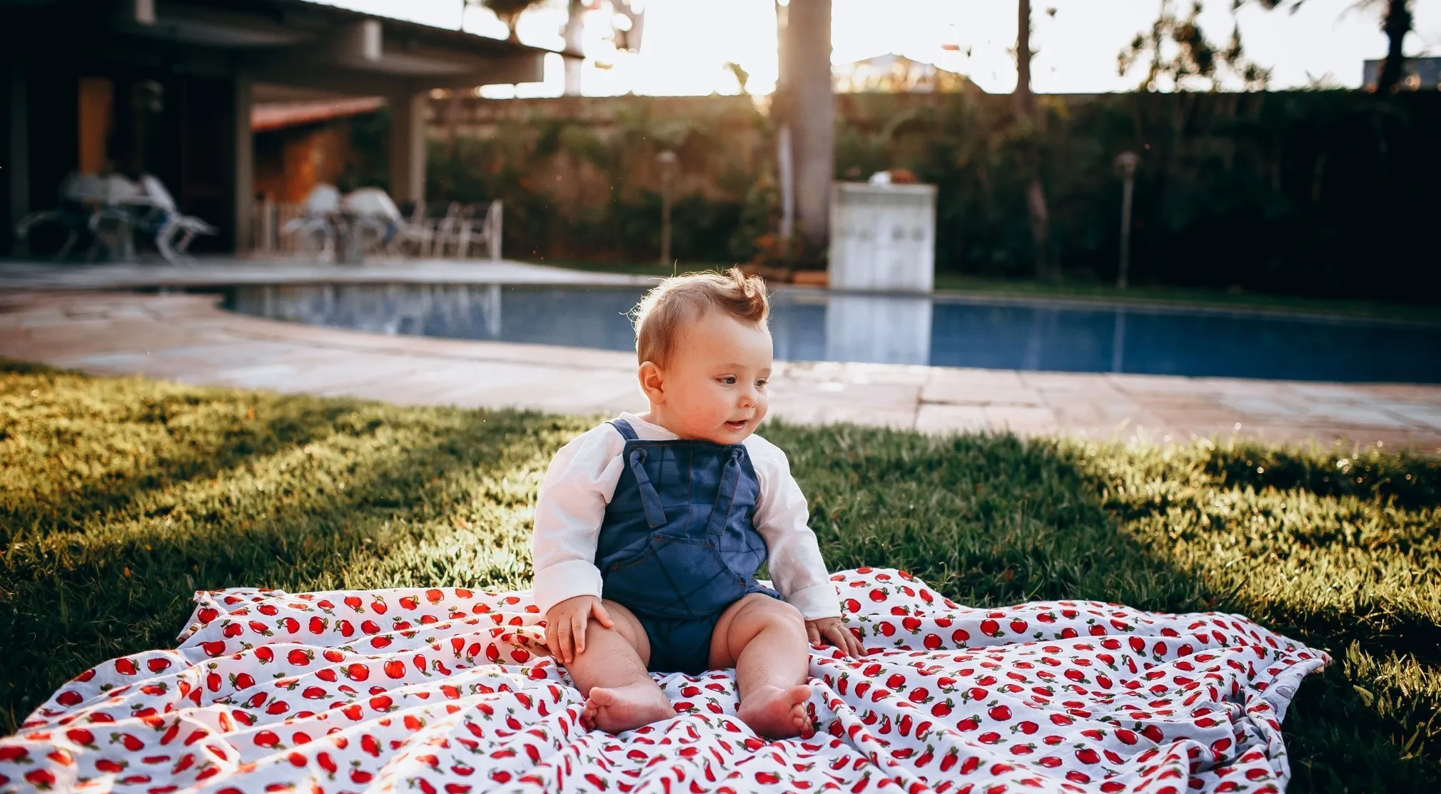 An elementary school baby sits on a red apple blanket on green grass by a pool, pondering if a baby has more bones.