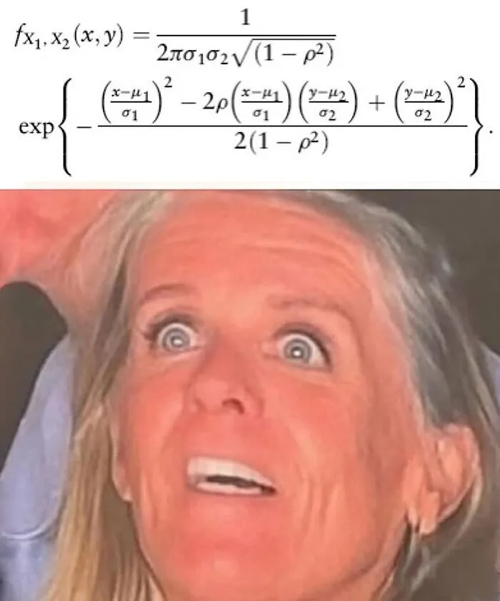 A woman looking shocked while a complex statistics formula is displayed above her, perfect for stats class memes.
