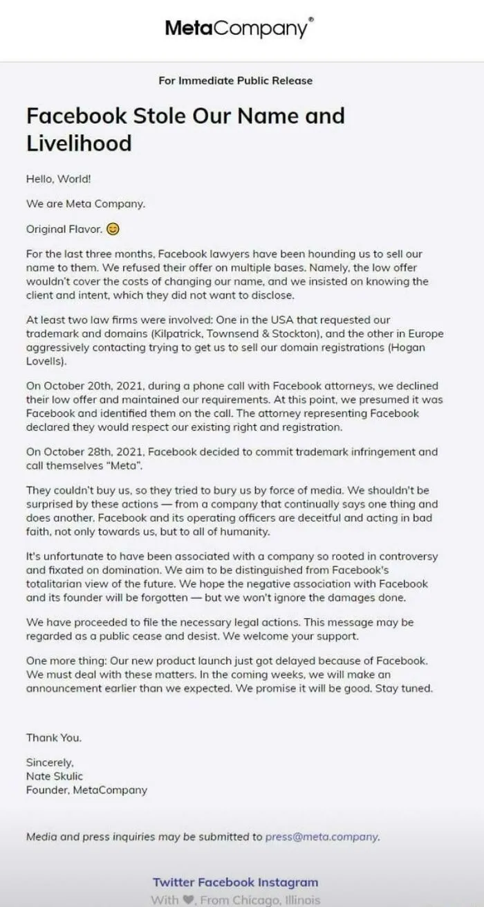 A screenshot of a press release from MetaCompany stating that Facebook stole their name, a fascinating find from the internet.