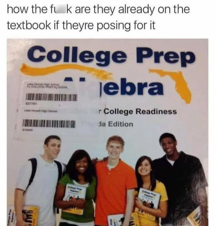 A College Prep Algebra textbook featuring students posing on the cover, a fascinating find.