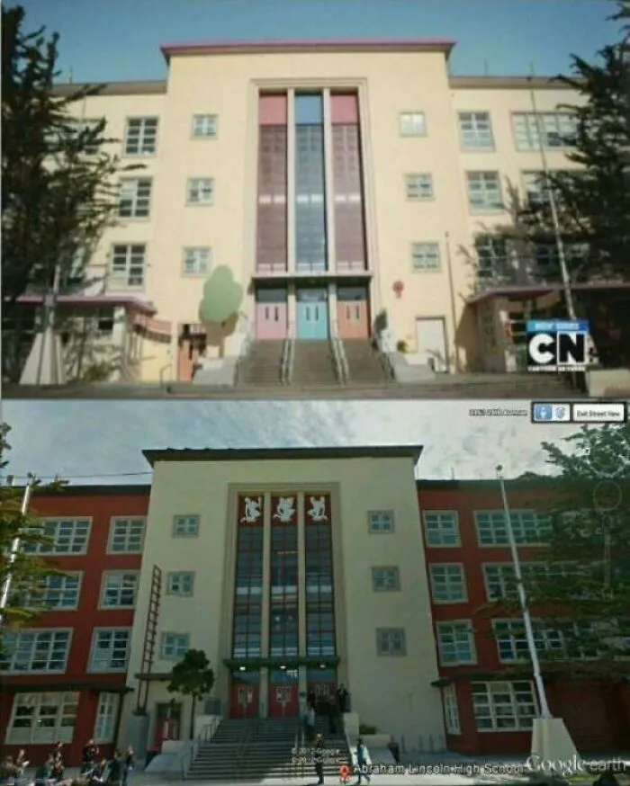 A fascinating find comparison: a cartoon building from The Amazing World of Gumball versus its real-life inspiration.