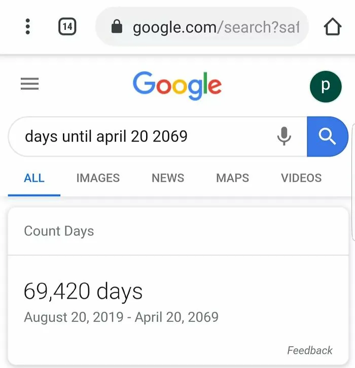 A Google search showing fascinating finds: the count of days until April 20, 2069, as 69,420 days.