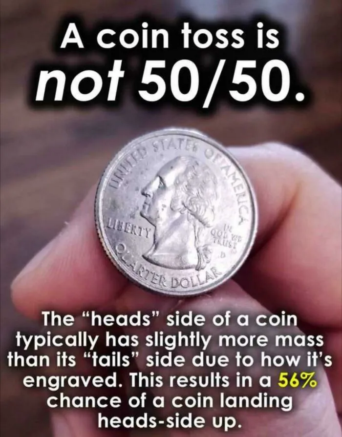 A fascinating find: a hand holding a quarter, explaining how a coin toss is not 50/50.