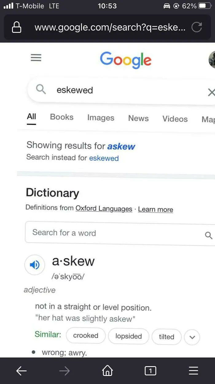 A phone screen showing a Google search for the word eskewed, with results for askew, a fascinating internet find.