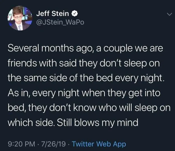 A tweet from Jeff Stein discussing a couple's unique sleeping arrangement, a fascinating find from the internet.