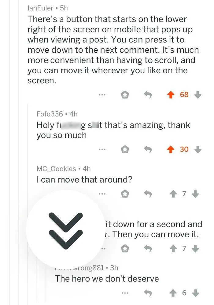 Fascinating finds: Internet comments discussing a mobile button for navigating posts, showing user interaction.