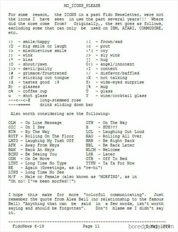 A Fidonews Article From 1989 Showing Common Icons And Abbreviations Of The Time Period