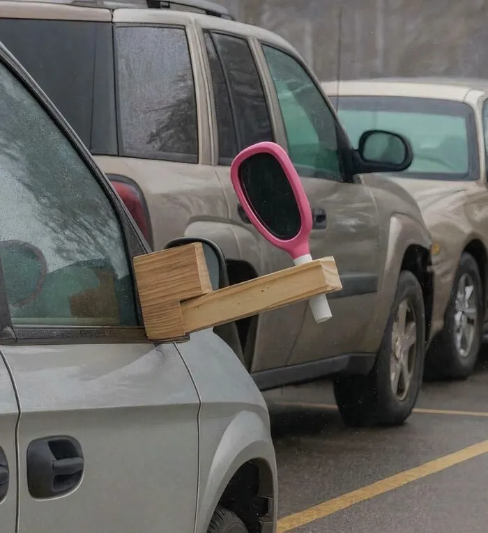 A clever solution: a hand mirror attached to a car door as a side mirror replacement using random junk.