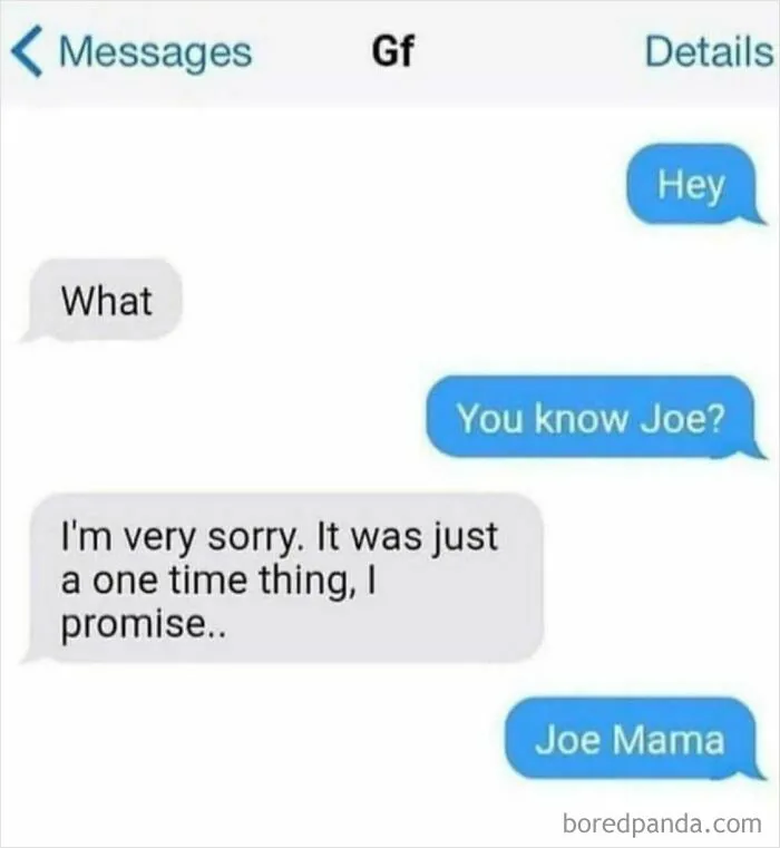 A screenshot of a hilarious text exchange about Joe Mama, one of many unhinged text exchanges.