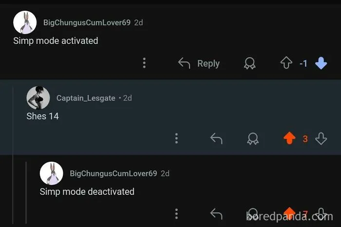 A Reddit comment section showing unexpected character development by retracting a 'Simp mode' comment.