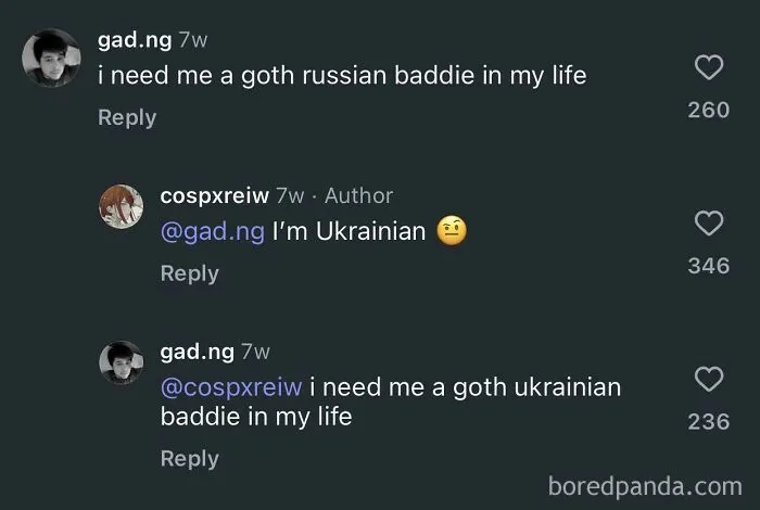 A comment thread on a post, where a user's preference for a goth Russian baddie develops into a goth Ukrainian baddie.