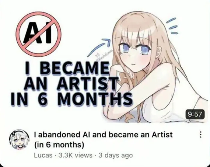 A YouTube thumbnail and title: 'I abandoned AI and became an Artist (in 6 months)', showcasing character development in artistic skill.