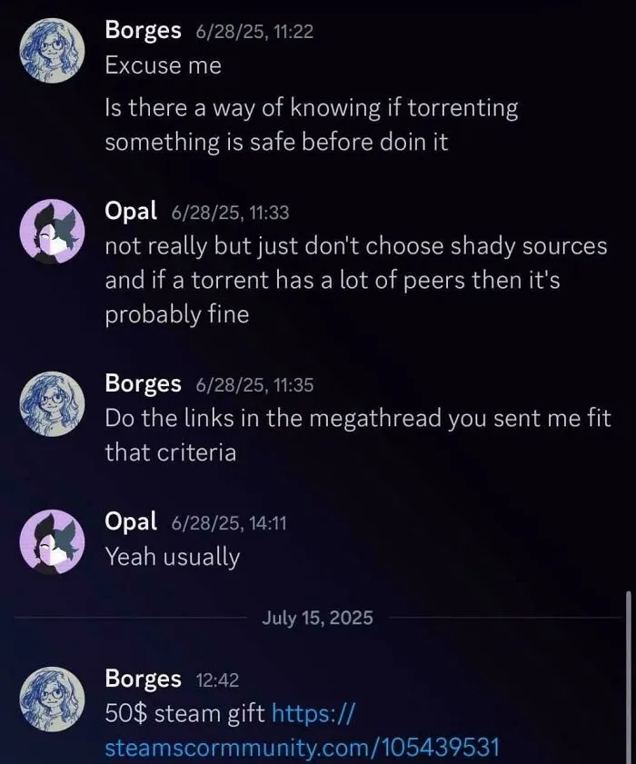 A chat conversation showing unexpected character development, where someone asks about safe torrenting then shares a link.
