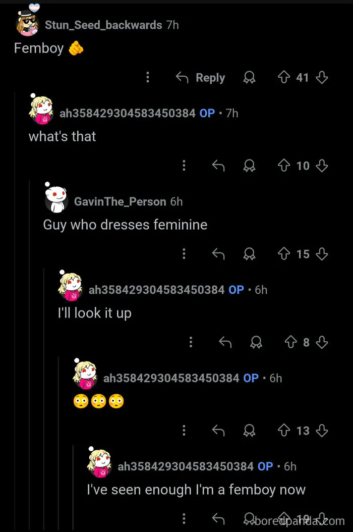 A screenshot showing character development in a Reddit conversation about discovering and identifying as a 'femboy'.