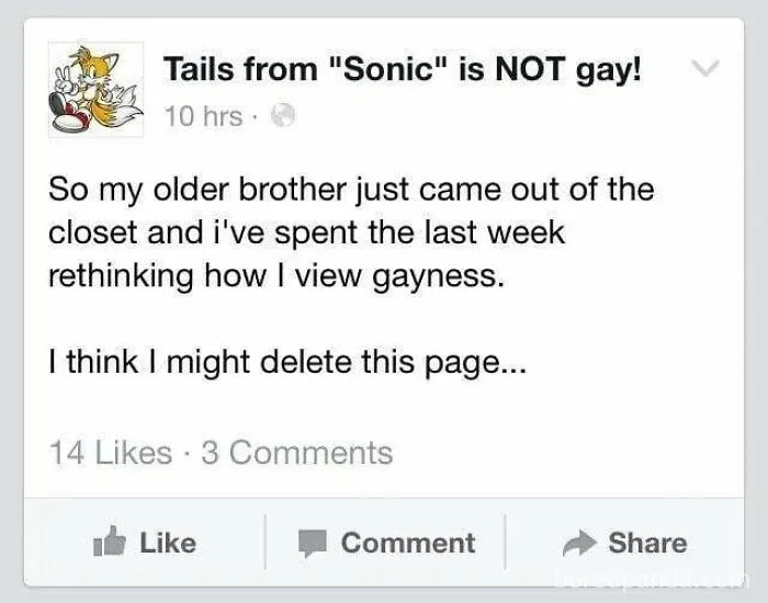 A Facebook post showing an unexpected character development of a user rethinking their views on gayness.