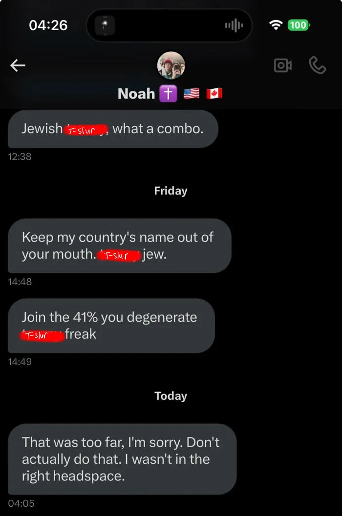 A screenshot of a text message conversation showing unexpected character development from hateful to apologetic.