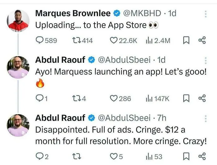 A screenshot of Marques Brownlee announcing an app, with a user showing unexpected character development from excitement to disappointment.