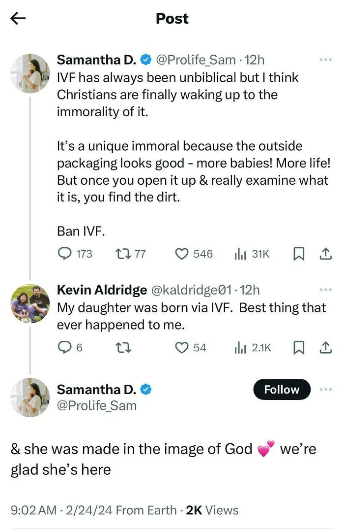 A screenshot of a post about IVF and an unexpected character development in the comment section.