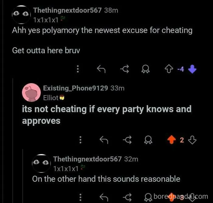 A screenshot displaying an unexpected character development in a Reddit conversation about polyamory, where a user changes their stance from dismissal to finding it reasonable.