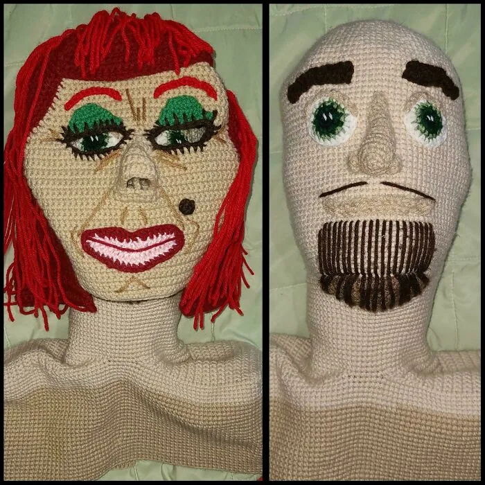 Crocheting Myself A Life-Sized Friend (Guy On The Right) And It Turns Out The Masks I Make Fit Him! I'm Open To Any Name Suggestions For My Friend 💜