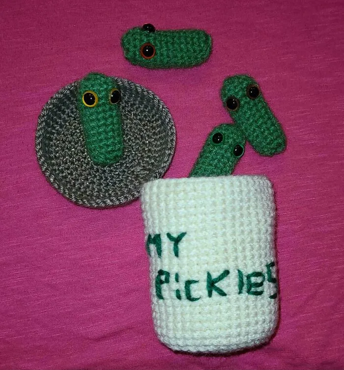 My 12 Yr Old Requested A Crocheted Jar Of Pickles, For A Friend's Birthday. I Did My Best!