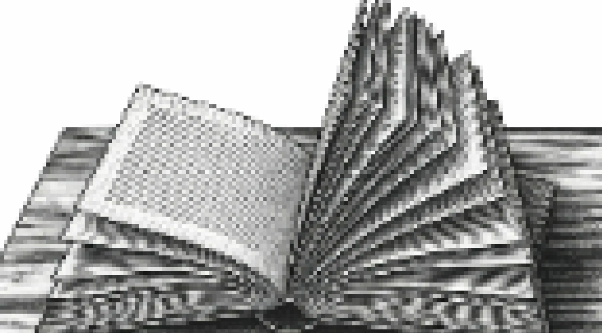 A distorted and glitched image of an open book, challenging viewers to recognize this object.
