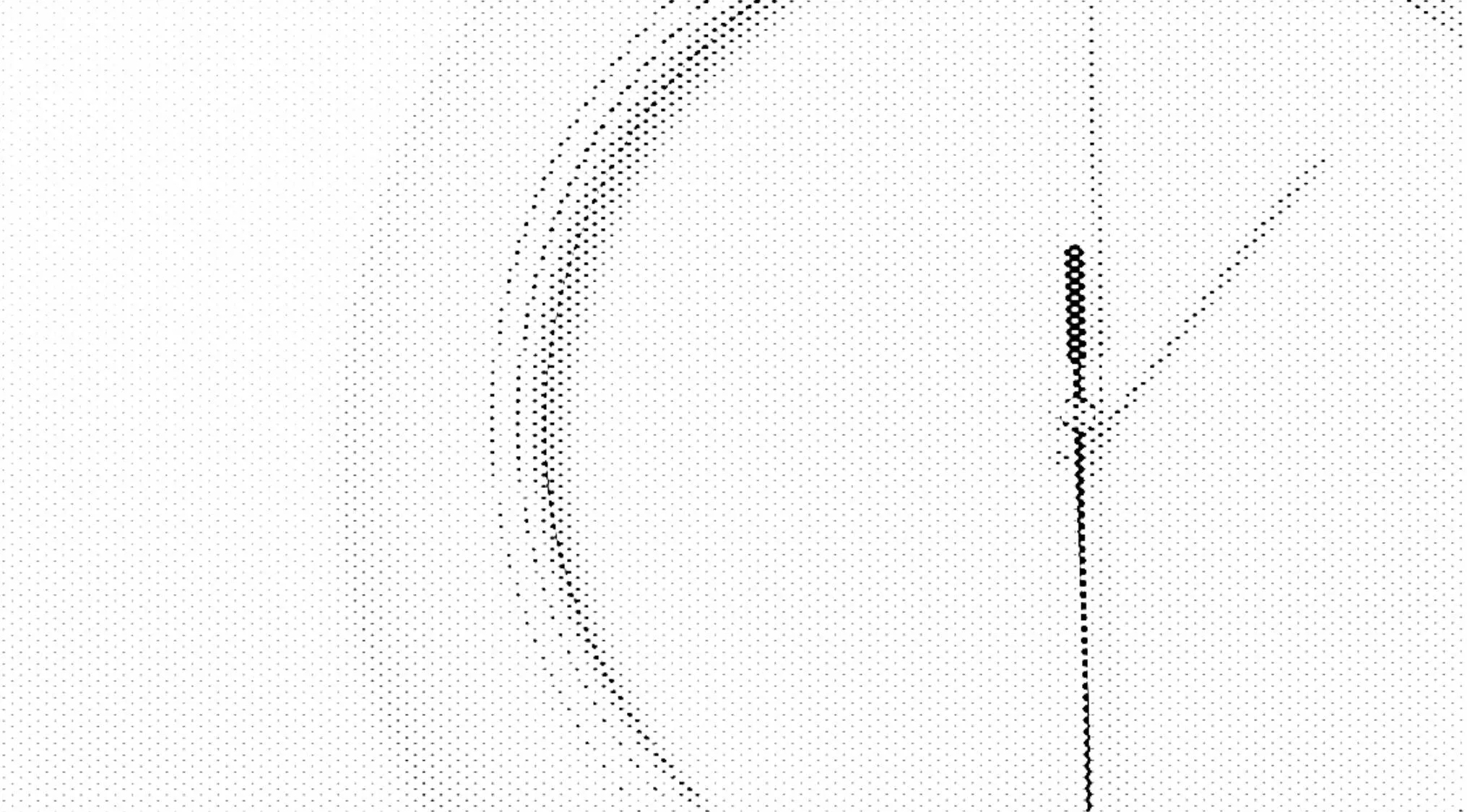 A black and white distorted image with pixelated dots forming a blurred circle and a line, an abstract glitched image.