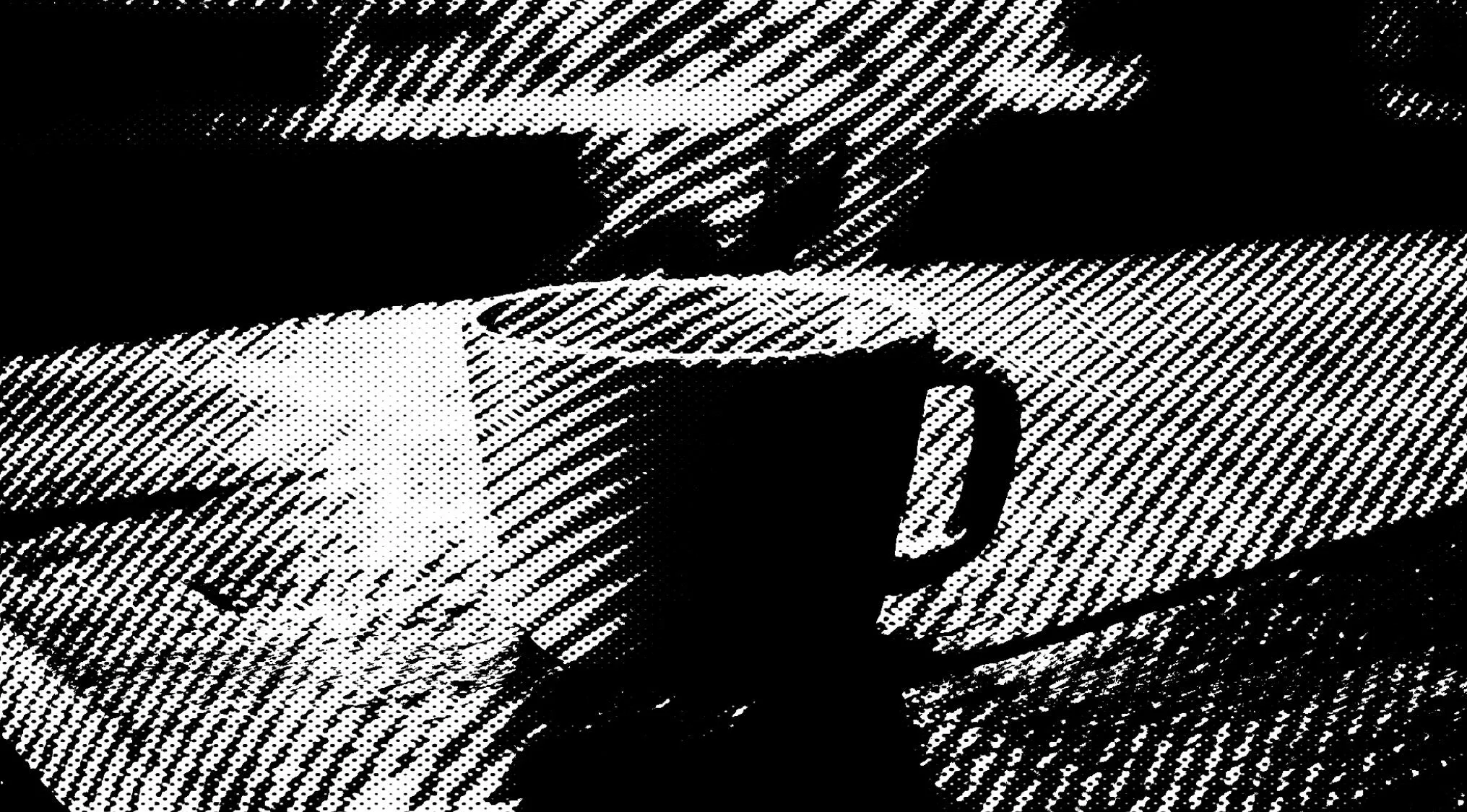A heavily glitched image, black and white with diagonal lines and dots, showing a mug on a table.