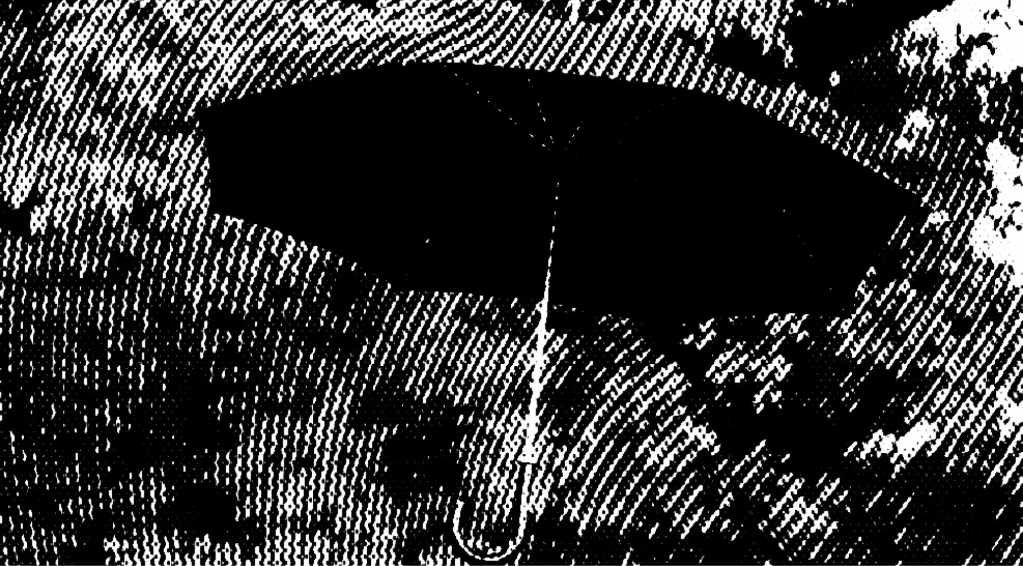 Black and white distorted and glitched image of an umbrella. Guess the object from the distorted image.