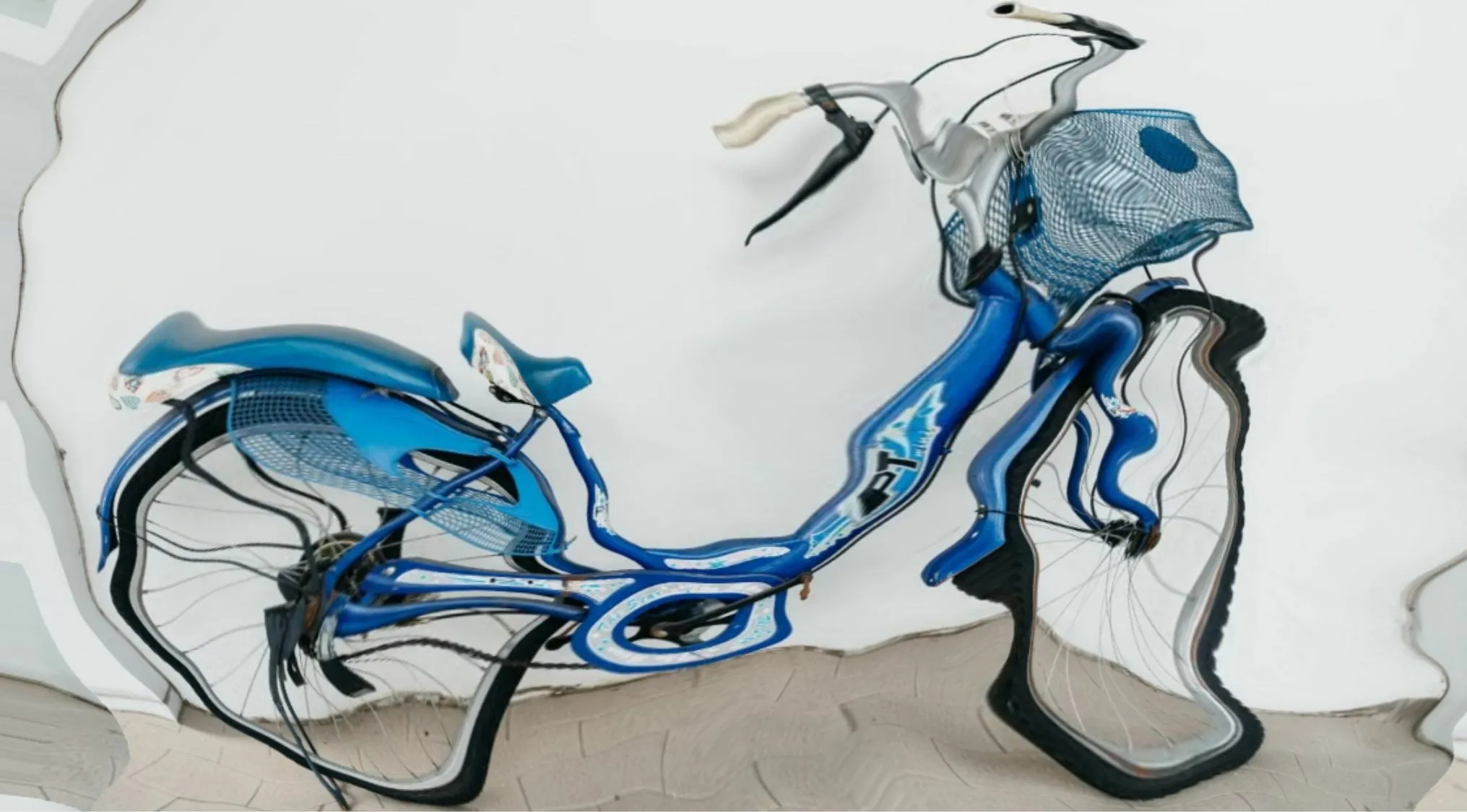 A blue bicycle with a distorted and glitched effect. Can you name this object?