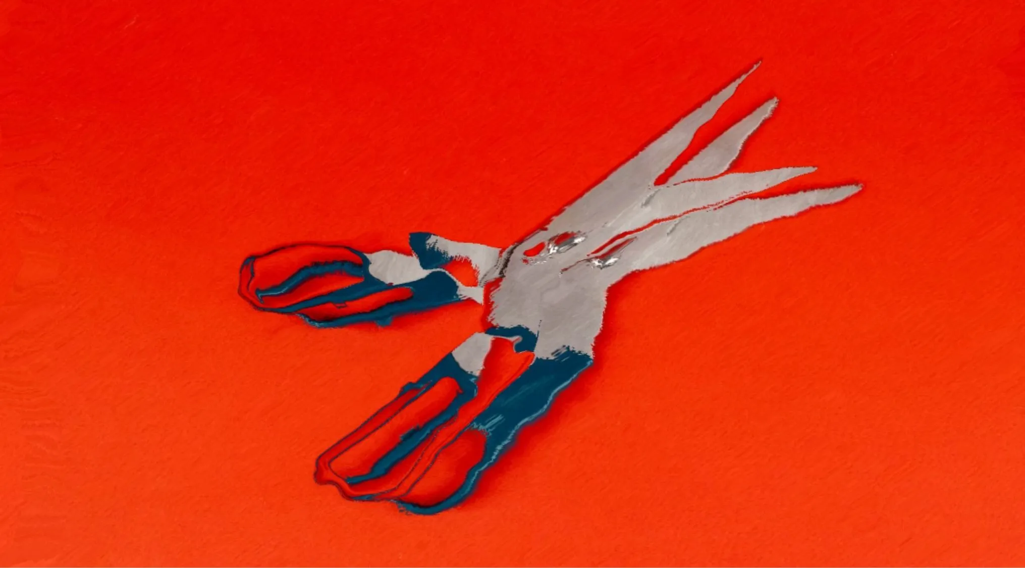 A distorted and glitched image of scissors against a red background for Guess 18 Objects From Distorted And Glitched Images.