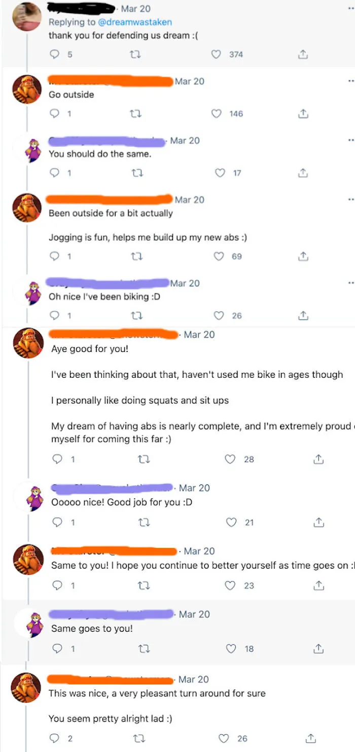 Screenshot of wholesome images of Twitter conversation about positive life changes and mutual encouragement, showcasing wholesome images.