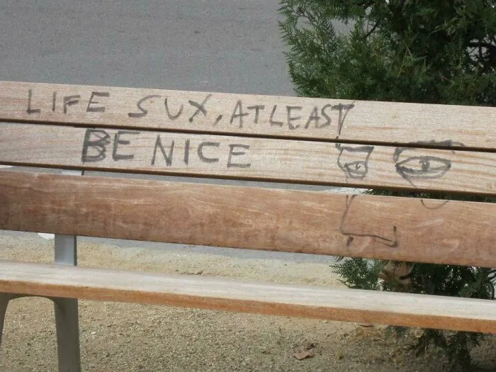 Wholesome images of a wooden park bench with the graffiti LIFE SUX, AT LEAST BE NICE and a doodle.