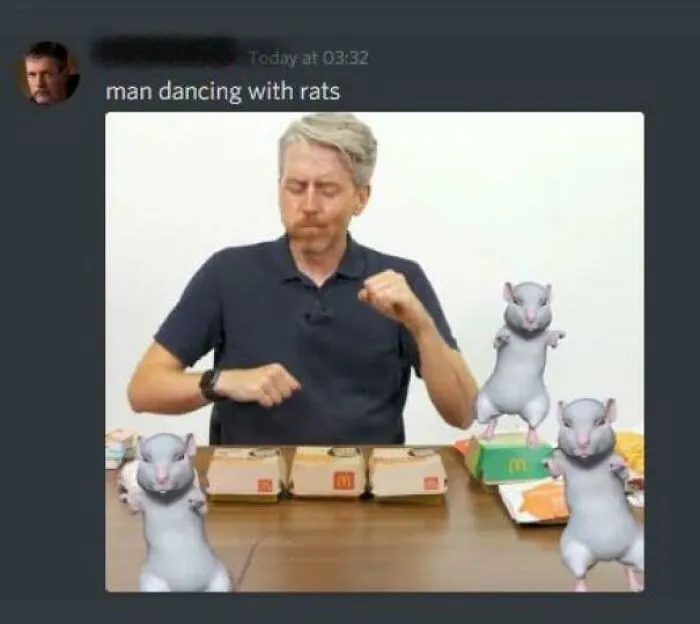 Wholesome images of a man dancing with CGI rats, enjoying McDonald's.