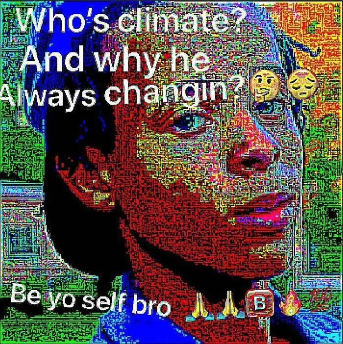 Wholesome images featuring a deep-fried meme asking about climate change and advising to be yourself.