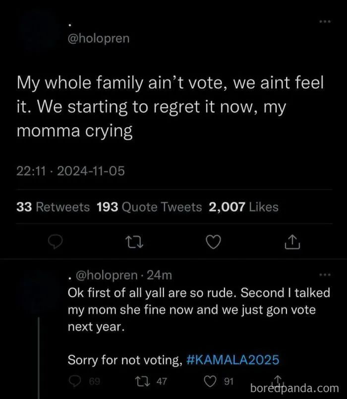 A screenshot of tweets showing unexpected character development about a family's regret for not voting.