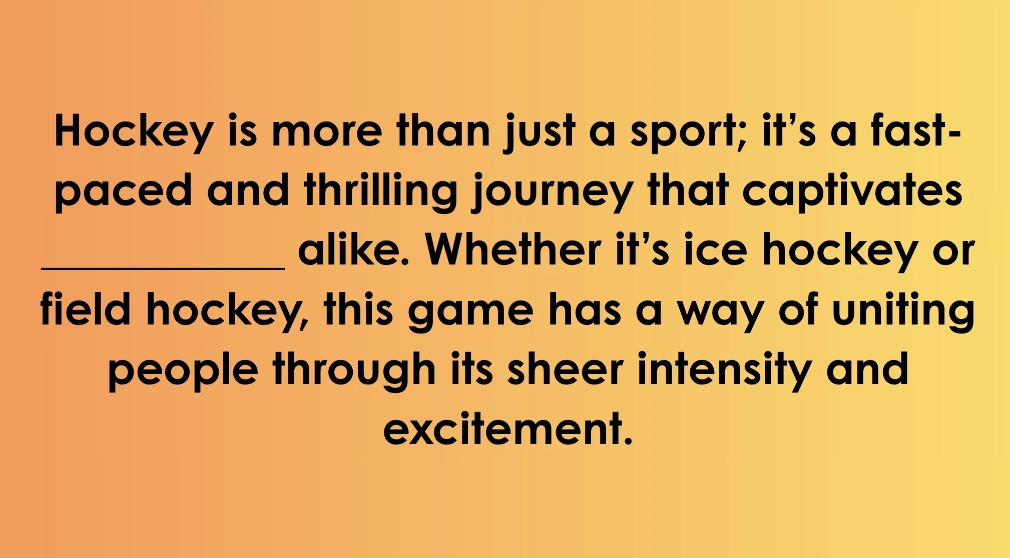 SAT Exam Trivia question on a warm orange background, asking to complete a sentence about hockey.